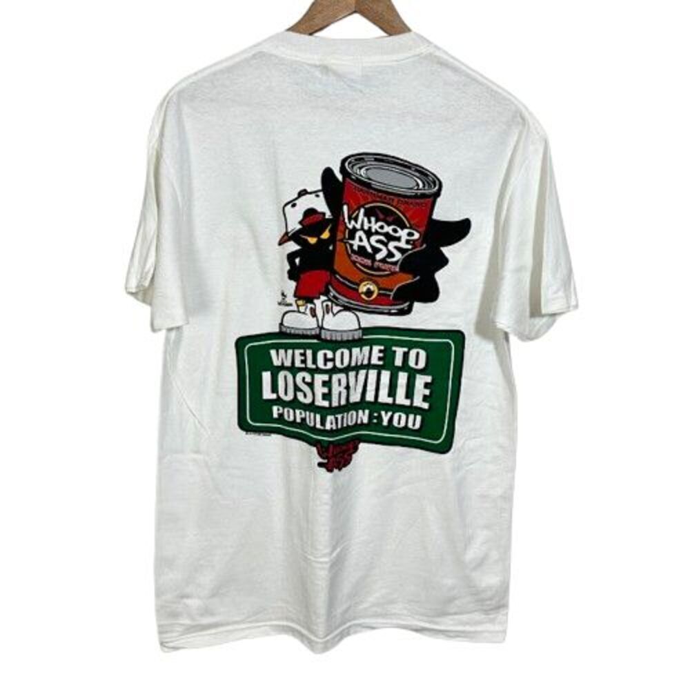 VTG 90's Whoop Ass Sportswear T Shirt Mens M White Graphic Loserville